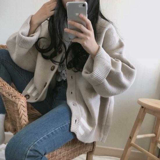 Oversize Retro Knit Beige Gray Cardigan