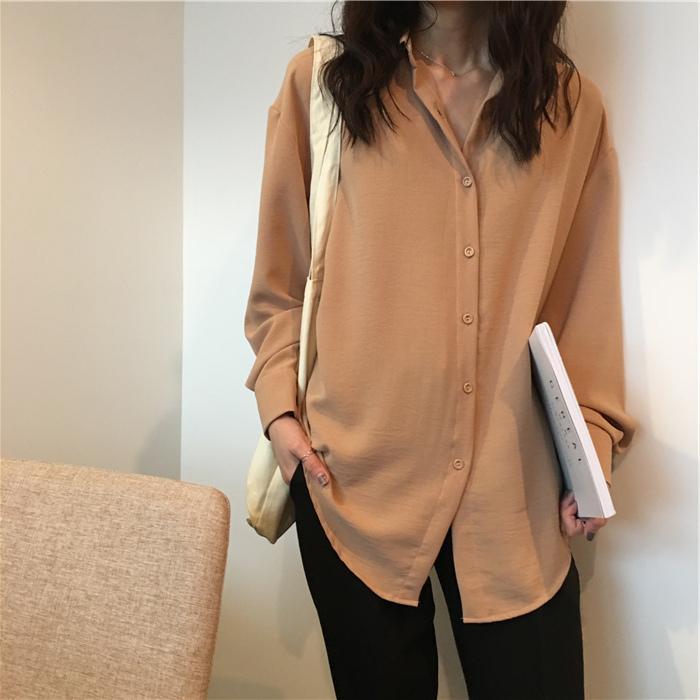 Oversized Beive Buttons Collar Long Blouse