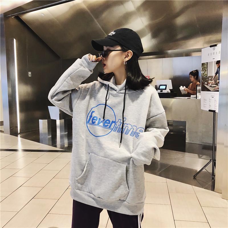 Oversized Fever Time Letters Print Hooded Sweatshirt