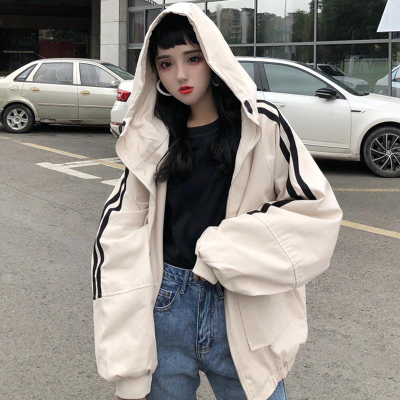 Oversized Hooded Side Stripes Windbreaker Jacket