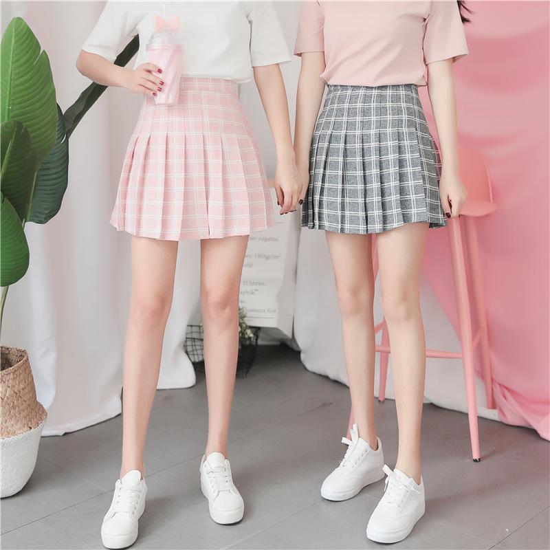 Pastel Colours Poppy Double Lines Plaid Pleated School Skirt