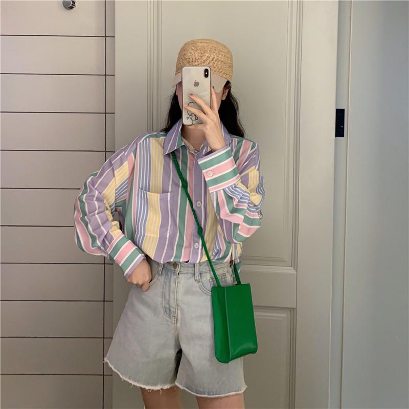 Pastel Stripes Retro Pajamas Aesthetic Loose Shirt