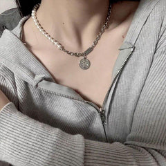 Pearl Coin Pendant Teen Trend Silver Chain Choker