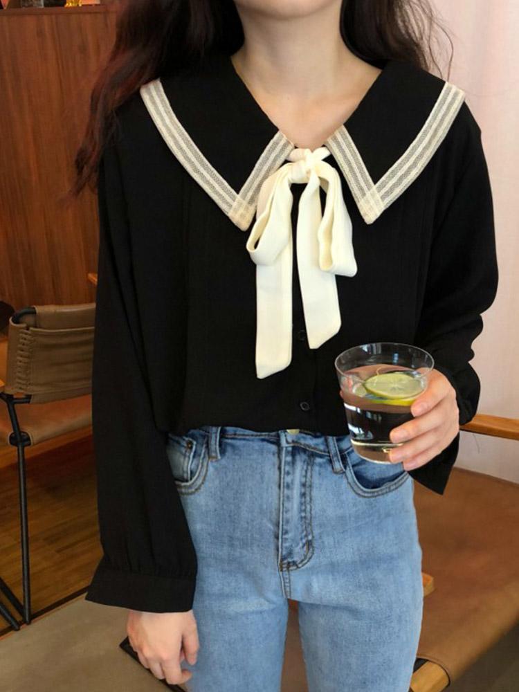 Peter Pan Collar Black Bow Tie Blouse