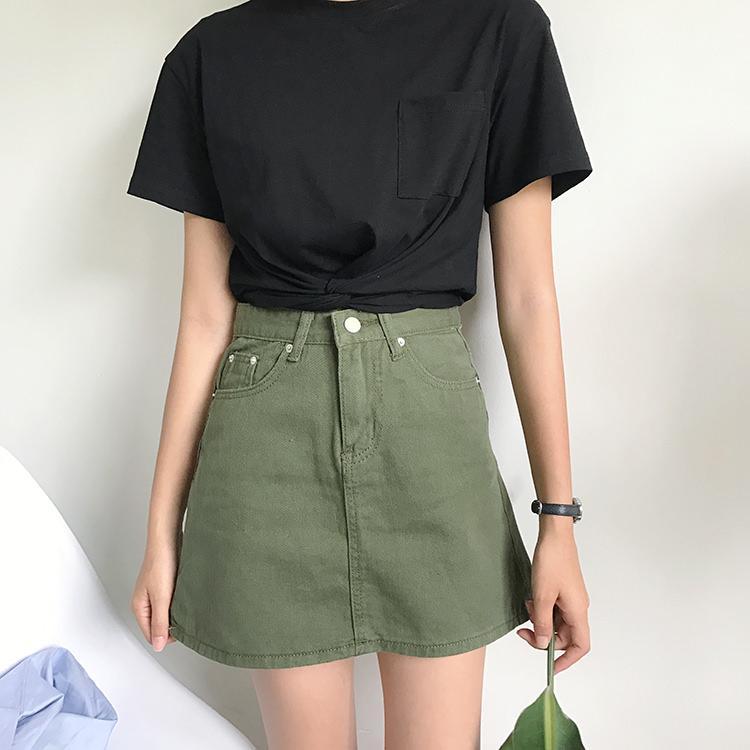 Pink Black Green Denim Above Knee Jean Skirt