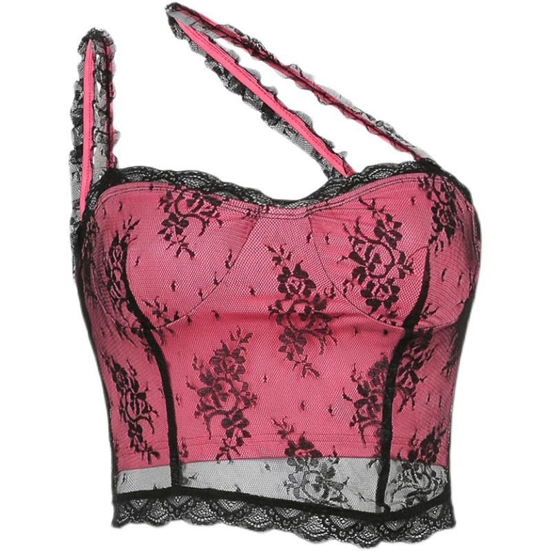 Pink Black Lace Irregular Straps Lingerie Style Top