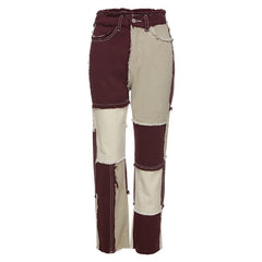 Pink Brown Color Block Fringe Patchwork High Waist Pants