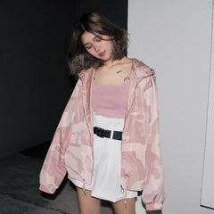 Pink Camouflage Loose Hooded Windbreaker Jacket