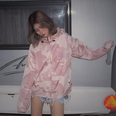 Pink Camouflage Loose Hooded Windbreaker Jacket