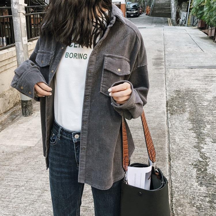 Pink Dark Gray Corduroy Retro Outwear Breast Pockets Jacket