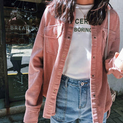 Pink Dark Gray Corduroy Retro Outwear Breast Pockets Jacket