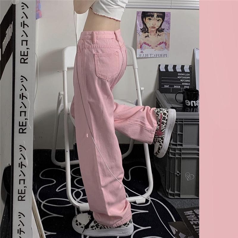 Pink Denim Soft Girl Aesthetic Straight Jeans