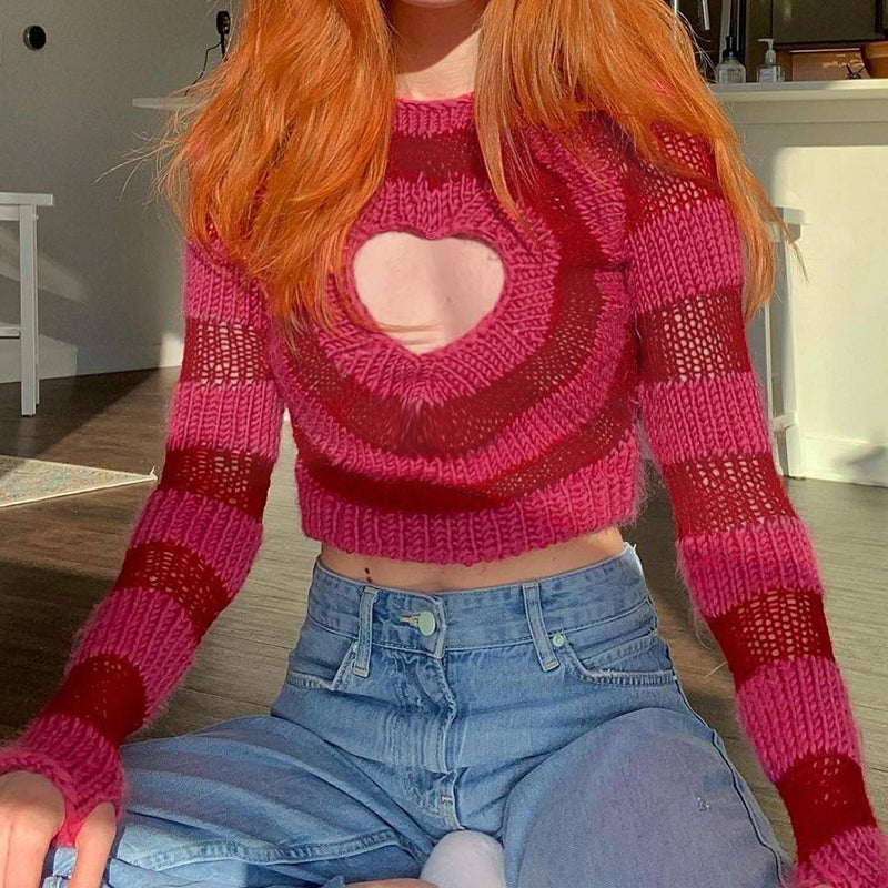 Pink Heart Cutout Striped Pattern Knit Cropped Sweater