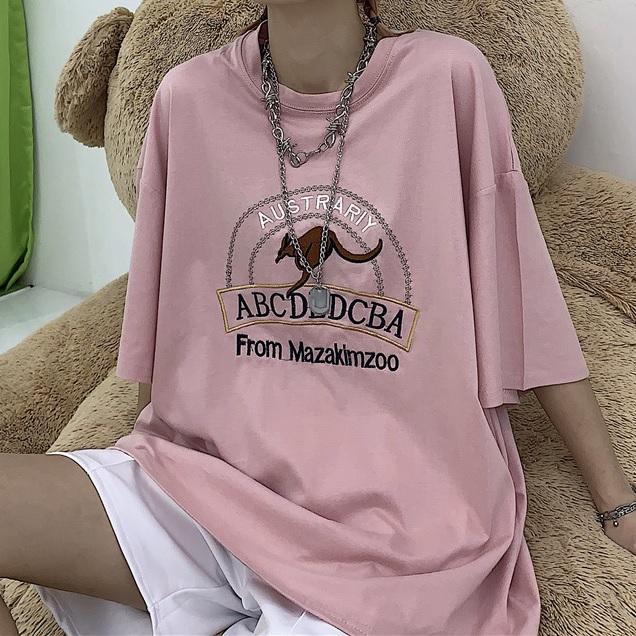 Pink Kangaroo Logo Embroidery Oversized T-Shirt