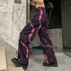 Pink Lightning Print Elastic Waist Wide Leg Pants