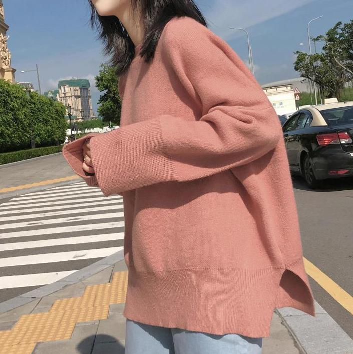 Pink Side Cuts Oversized Round Neck Knitted Sweater