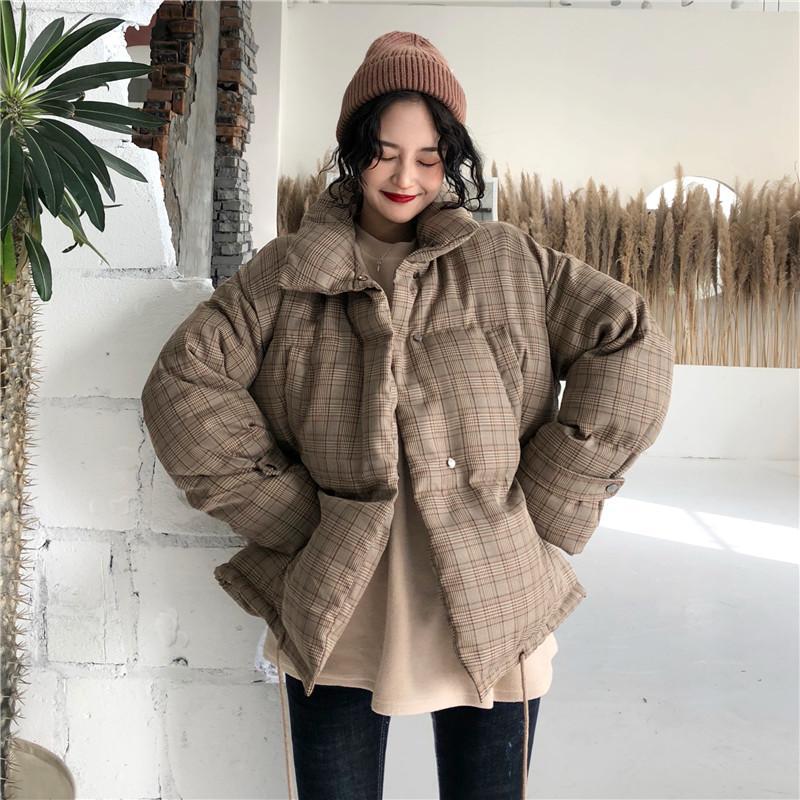 Plaid Beige Casual Puff Padded Outwear Jacket