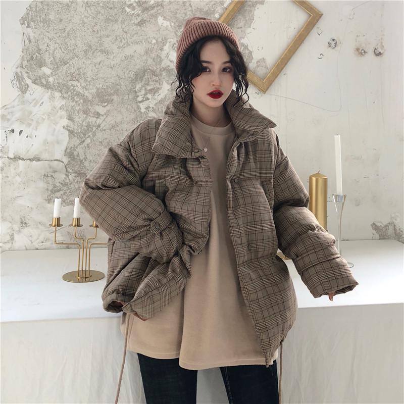 Plaid Beige Casual Puff Padded Outwear Jacket