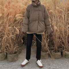 Plaid Beige Casual Puff Padded Outwear Jacket