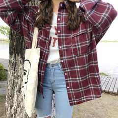 Plaid Purple Oversized Long Buttons Collar Long Sleeve Shirt