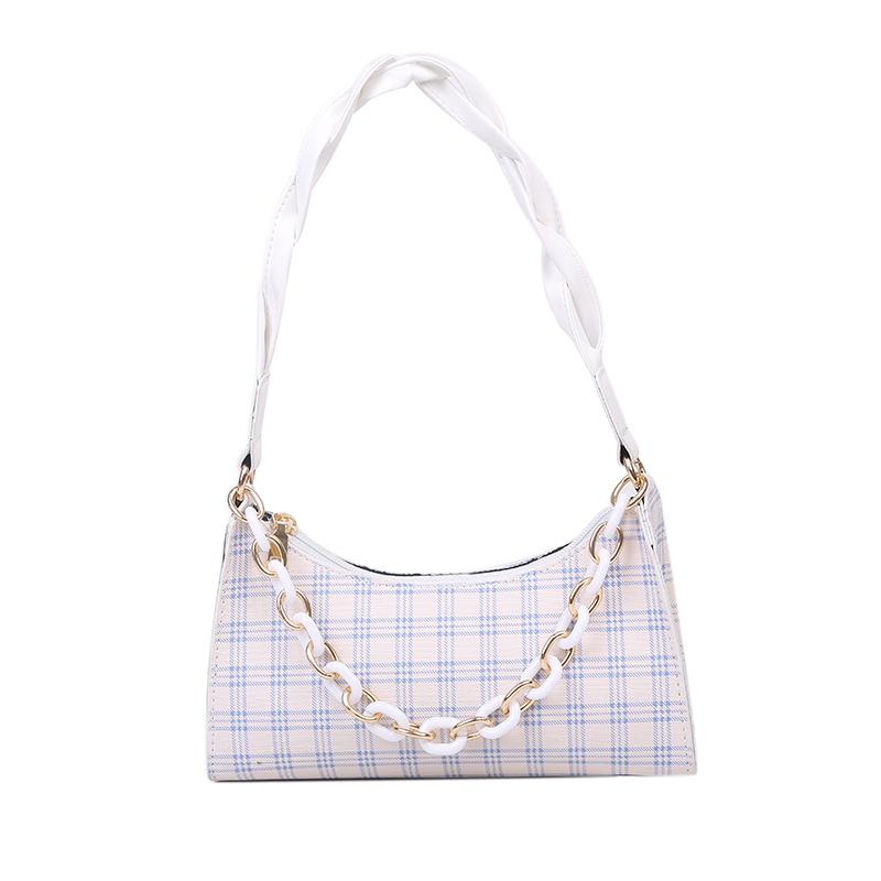 Plaid Tartan Shoulder Bag With Acrylic Chain