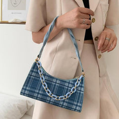 Plaid Tartan Shoulder Bag With Acrylic Chain