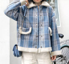 Plaid Warm White Faux Collar Outwear Jacket