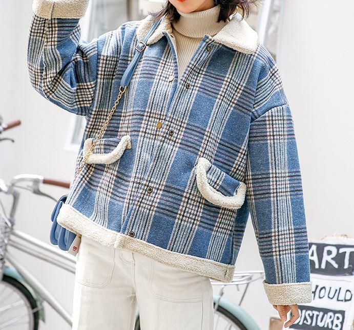 Plaid Warm White Faux Collar Outwear Jacket