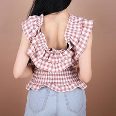 Plaid Wavy Collar Huge Band Elastic Blouse