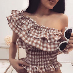 Plaid Wavy Collar Huge Band Elastic Blouse