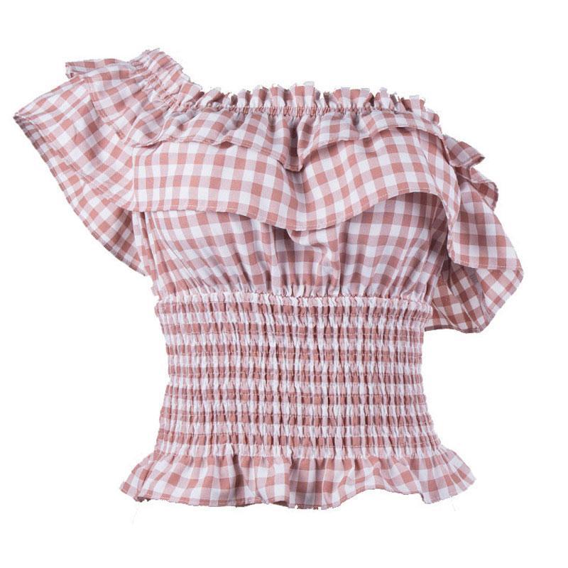 Plaid Wavy Collar Huge Band Elastic Blouse