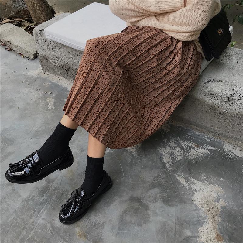 Pleated Long Black Brown High Waist Skirt