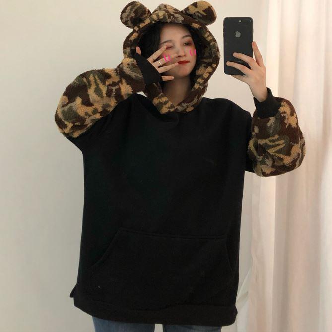 Plush Camouflage Sleeves Bear Ears Hooded Sweatshirt