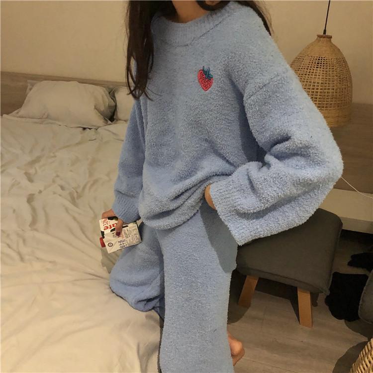 Plush Comfy Cute Embroideries Pajama Suit