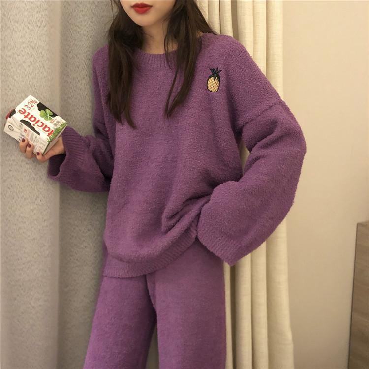 Plush Comfy Cute Embroideries Pajama Suit