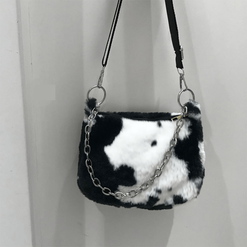 Plush Cow Pattern Shoulder Bag With Chain