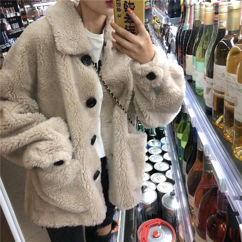 Plush Warm Outwear Beige Buttons Jacket