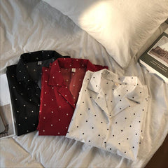 Polka Dot Short Sleeve Lapel Collar Blouse