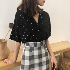 Polka Dot Short Sleeve Lapel Collar Blouse