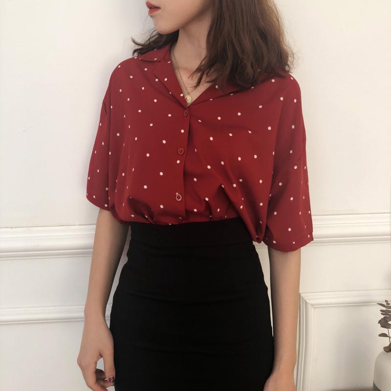 Polka Dot Short Sleeve Lapel Collar Blouse