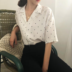 Polka Dot Short Sleeve Lapel Collar Blouse