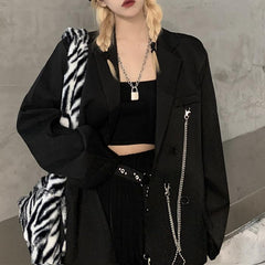 Punk Style Black Oversized Suit Blazer Jacket With Chain