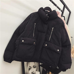 Quilted Puff Warm Outwear Black Pink Jacket