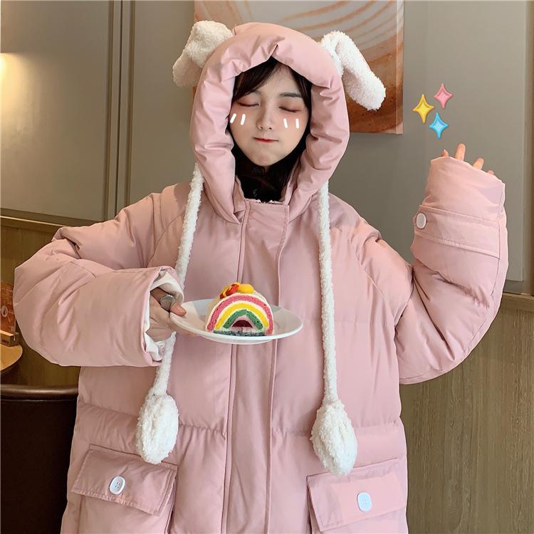 Rabbit Ears Hooded Pastel Pink Padded Outwear Jacket