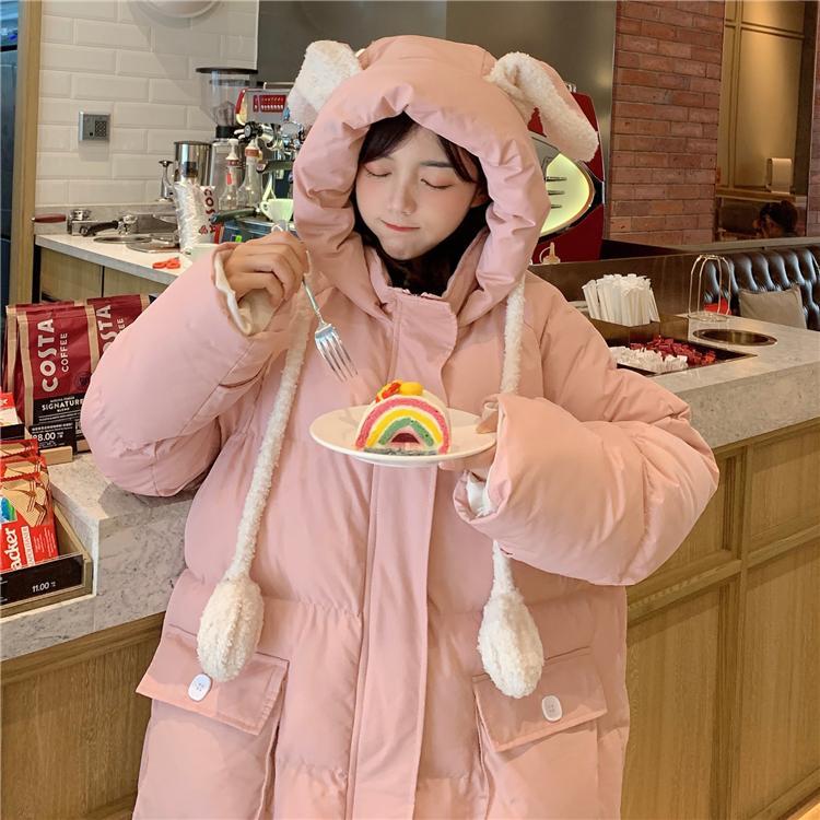 Rabbit Ears Hooded Pastel Pink Padded Outwear Jacket