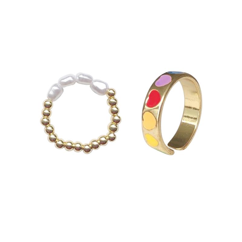 Rainbow Metal Ring + Pearl Beads Two Piece Set Rings