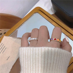 Rainbow Metal Ring + Pearl Beads Two Piece Set Rings