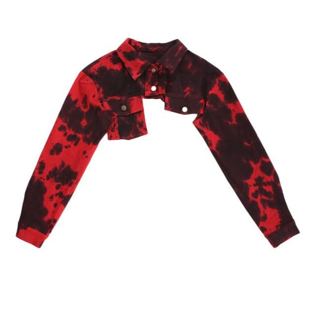 Red Tie Dye Irregular Pockets Cropped Denim Jacket