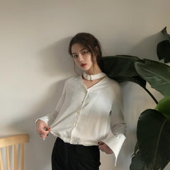 Red White Satin Elegant Choker Collar Blouse