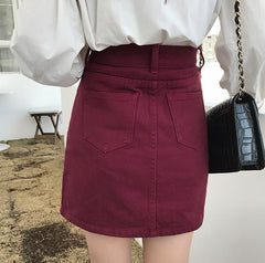 Red Wine Basic Colours Denim Jean Pencil Above Knee Skirt